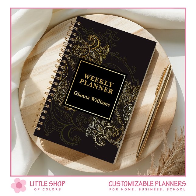 Agenda Elegante Paisley Preto Dourado Personalizável (Criador carregado)
