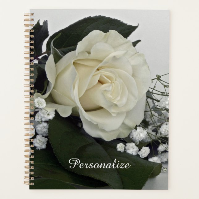 Agenda Elegante & Romântica Rosa Branca Personalizada (Frente)