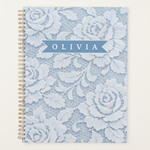 Agenda Elegante Romântico Floral de Renda Azul Personaliz