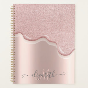 Agenda Elegante Rosa Dourado com Brilho e Monograma