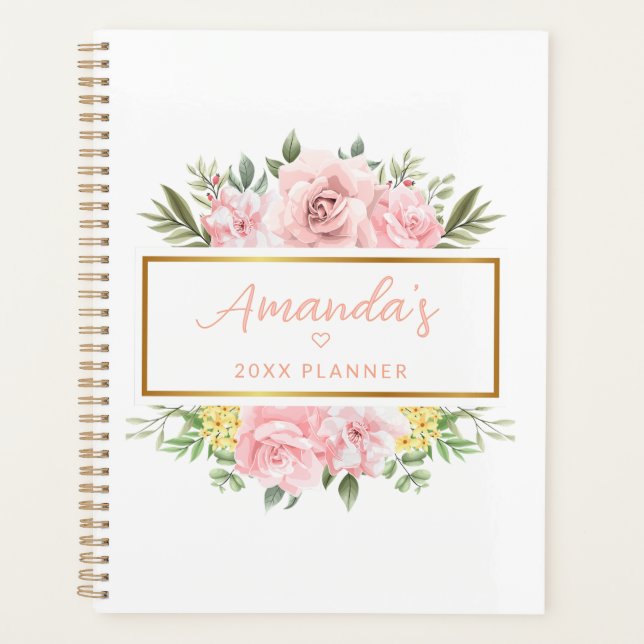 Agenda Elegante Rosa Rosa Floral Nome Personalizado (Frente)