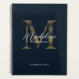 Agenda Elegante Rótulo Metálico Azul Naval Dourado Monogr