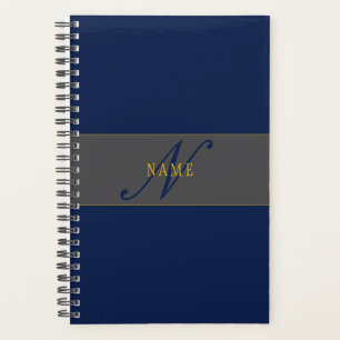 Agenda Elegante Rótulo Monograma Azul Escuro Cinza & Dour