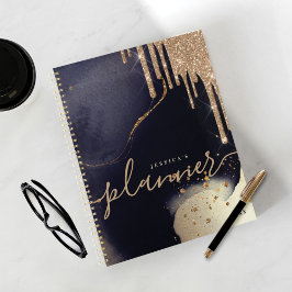 Agenda Elegante Script Dourado Glitter Drives Marinho Wat