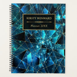 Agenda Elegante Teal e Dourada Galáxia Cristal Midnight