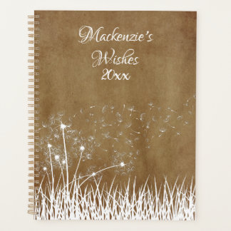 Agenda Elegante Vintage White Outline Dandelions em Vento