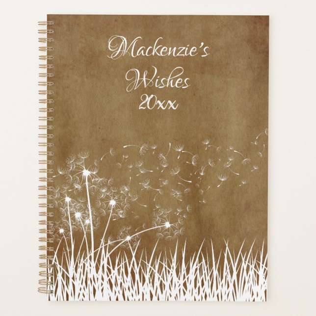Agenda Elegante Vintage White Outline Dandelions em Vento (Frente)