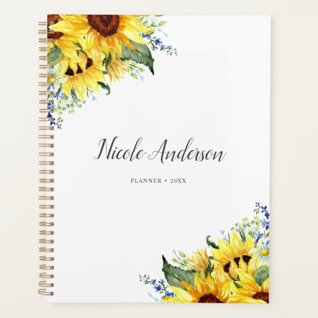 Agenda Elegante Watercolor Girassóis Personalizados (Frente)