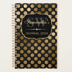 Agenda Elegantes Pontos Polka em Folha Falsa Preta e Dour