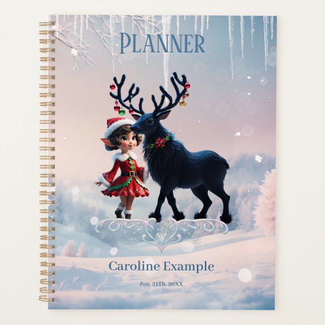 Agenda Elfo de Natal bonito e renas escuras. (Frente)