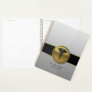Agenda Emblema Caduceu Médico Dourado 3D Profissional