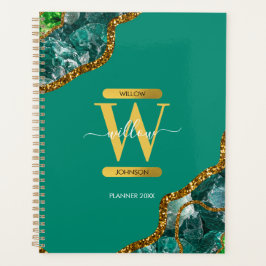 Agenda Emerald Green & Dourado Agate Geode Glitter Monogr