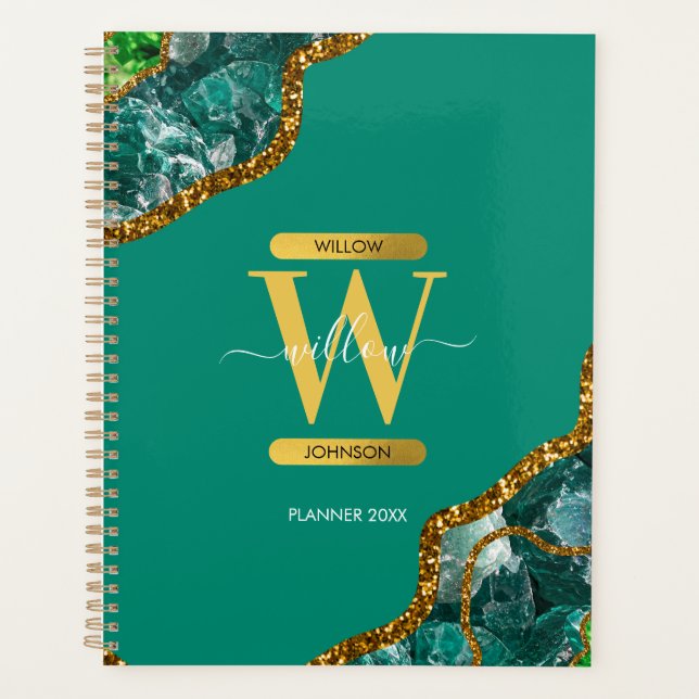 Agenda Emerald Green & Dourado Agate Geode Glitter Monogr (Frente)