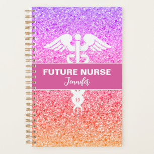 Agenda Enfermagem do aluno Caduceus Rainbow Glitter Name
