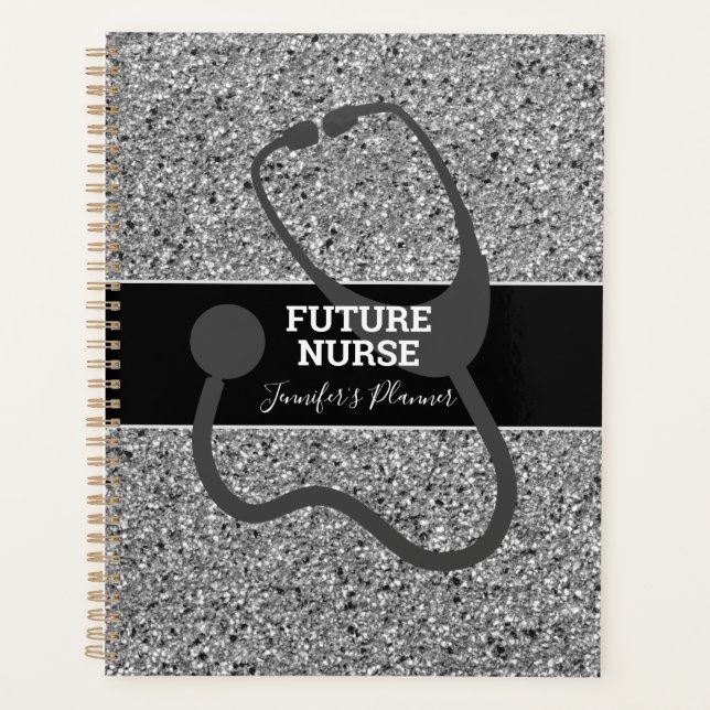 Agenda Enfermeira Futura Negra Silver Glitter Stethoscope (Frente)