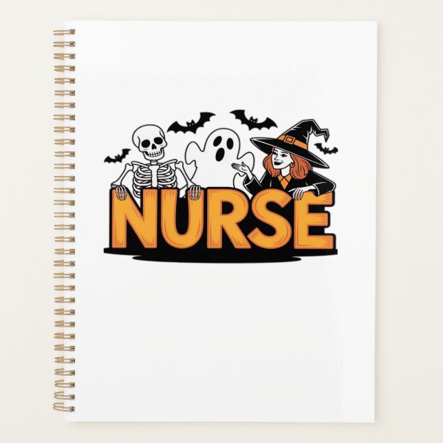 Agenda Enfermeira - Halloween - com fantasma, bruxa e esq (Frente)