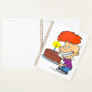 Agenda Engraçado Cartoon Boy com Bolo de Aniversário de C