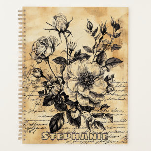Agenda Esboço Botânico de Rosa Sepia Vintage em Letra Flo