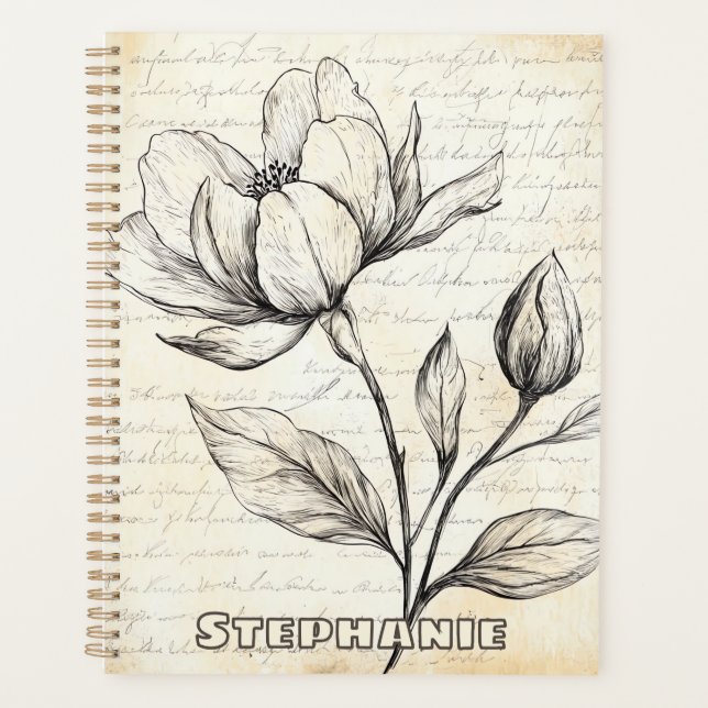 Agenda Esboço Floral Russo com Caligrafia - Idade (4) (Frente)