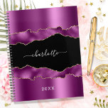 Agenda Escrito com o nome de mármore do agate preto-roxo<br><div class="desc">Roxo,  bexiga,  ouro e agato preto,  impressão de pedra mármore como fundo Personalize e adicione seu nome. O nome é escrito com um moderno estilo escrito à mão.</div>