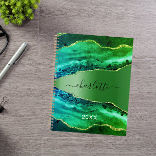 Agenda Escrito de nome de mármore do agate verde Emerald