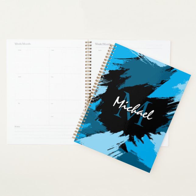 Agenda Espadilhas de pinceladas com nome azul com monogra (Exibição)