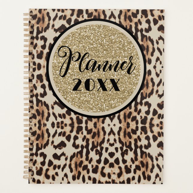 Agenda Estampa de leopardo com brilho dourado (Frente)