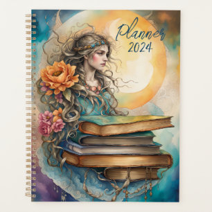 Agenda Estilo Boêmico de Aquarela Mulheres, Livros e Flor