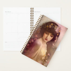 Agenda Estilo Vintage Retrato da Linda Mulher Floral