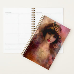 Agenda Estilo Vintage Retrato da Mulher Bonita em Rosa