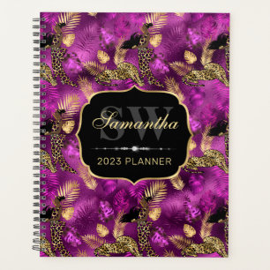 Agenda Estiloso Monograma de Leopardo e Mulher Roxo & Dou