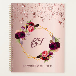 Agenda estrelas do monograma de burgundy dourado rosa 202