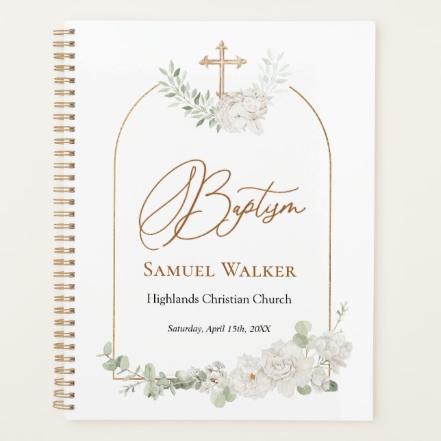 Agenda Eucalyptus Floral Cross Angel Baptism Planner (Frente)
