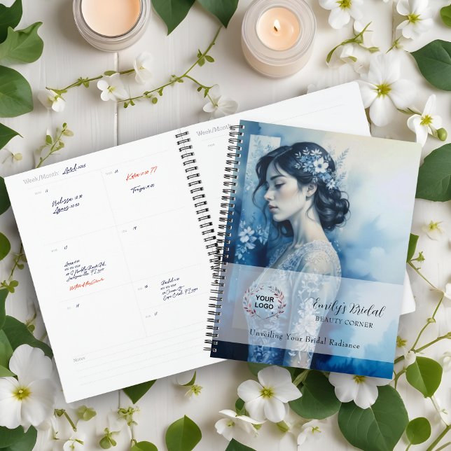 Agenda Exquisite Beautiful Bride In Blue Bridal Business (Exquisite Beautiful Bride In Blue For Bridal Business with QR Code & Network Icons Business Planner)