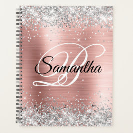 Agenda Falso Glitter Prateado Brilhante Rosa Folha Monogr