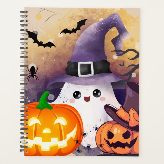 Agenda Fantasma de Halloween Fofo com Chapéu de Bruxa e A (Frente)