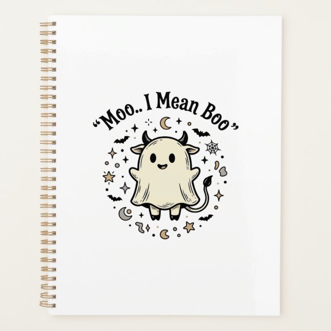 Agenda Fantasma de Vaca Fofa Halloween Moo Boo Design Vin (Frente)