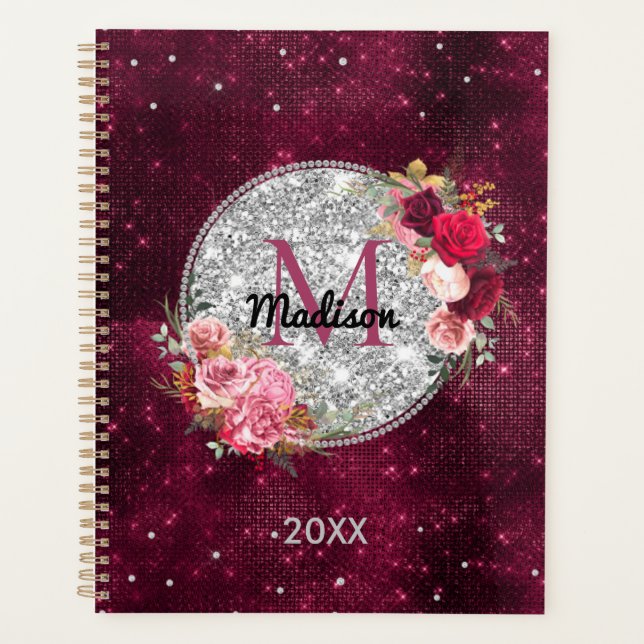 Agenda Faux Chic Silver Glitter Burgundy Monograma floral (Frente)