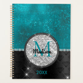 Agenda Faux Chic Silver Glitter Turquoise Monograma preto