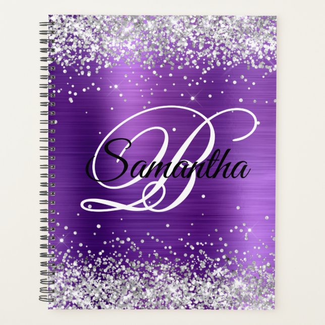 Agenda Faux Shiny Silver Glitter Ametimst Foil Monograma (Frente)