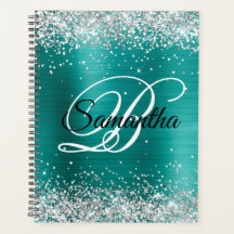 Faux Shiny Silver Glitter Aqua Teal Foil Monograma