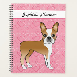Agenda Fawn Boston Terrier Dog Em Corações E Texto Rosa