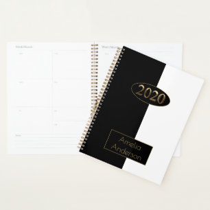 Agenda Feliz ano novo 2020 Elegante Dourado preto e branc