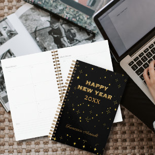 Agenda Feliz ano novo de Estrelas Pretas e Douradas Perso