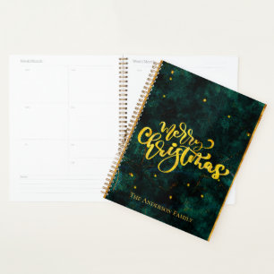 Agenda Feliz Natal em Verde e Dourado com Letra Vintage