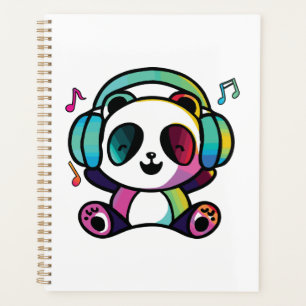 Agenda Feliz Panda com fones de ouvido ouvindo música.