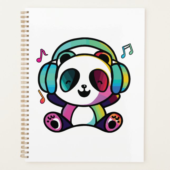 Agenda Feliz Panda com fones de ouvido ouvindo música. (Frente)