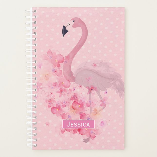 Agenda Flamingo Floral e Pontos, Cor de Água Rosa (Frente)
