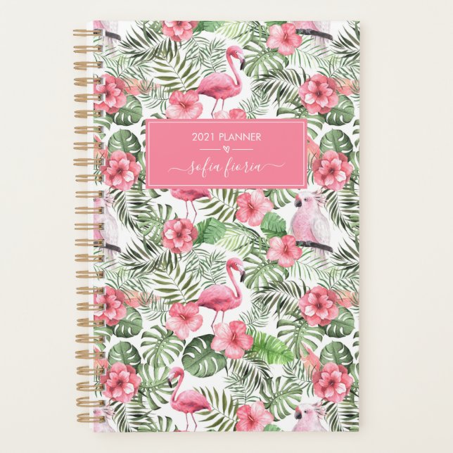 Agenda Flamingos Rosas Cacatuas Palmeiras Nome Script 202 (Frente)