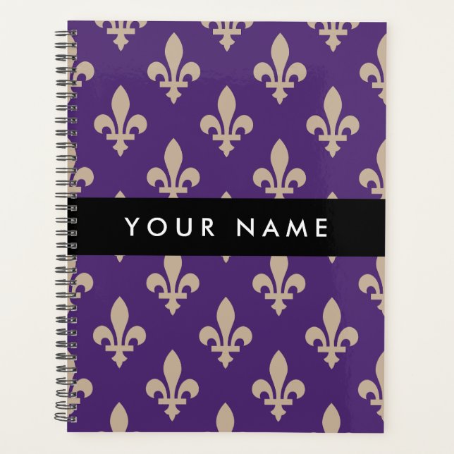 Agenda Fleur de Lis, Beige on Purple, Royal, Your Name (Frente)